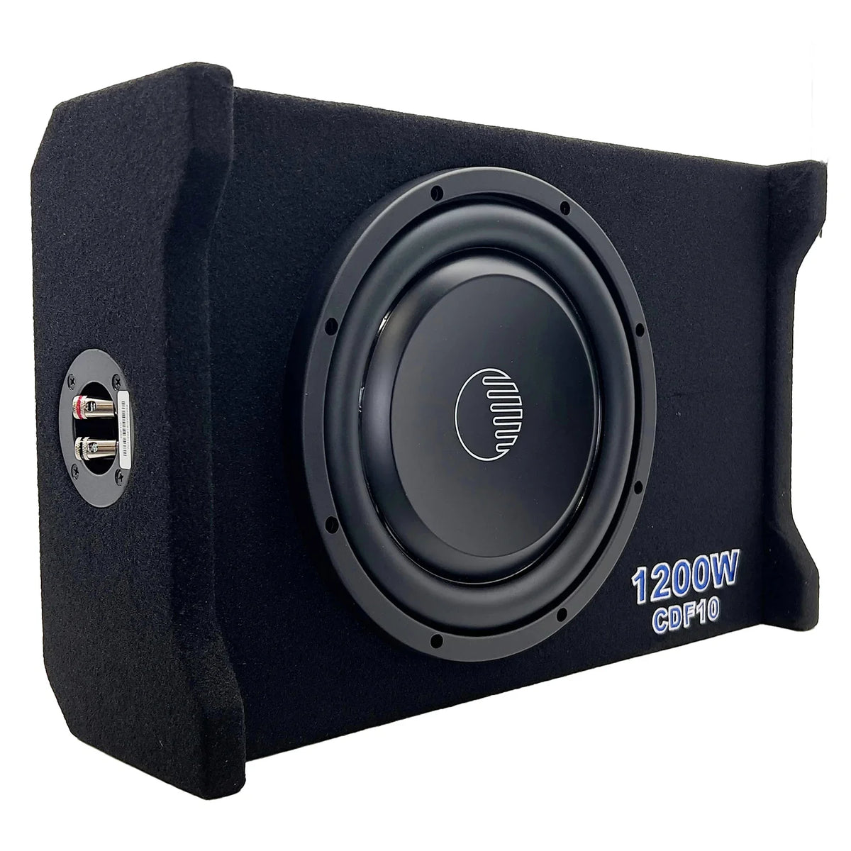 Black passive down-firing subwoofer enclosure with woofer, Orion logo, and CD10 text