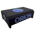 Black subwoofer enclosure with Orion wordmark on top and blue grille badge