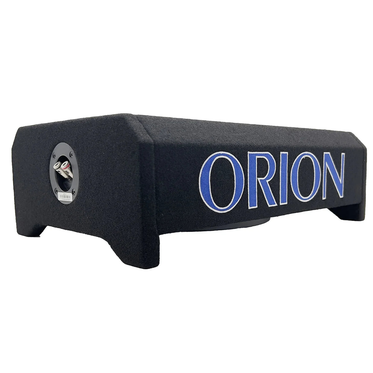Black subwoofer enclosure side with input terminals and Orion wordmark in blue