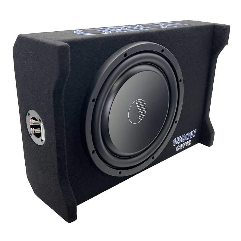 Black 12-inch passive down-firing subwoofer enclosure with front woofer and Orion logo