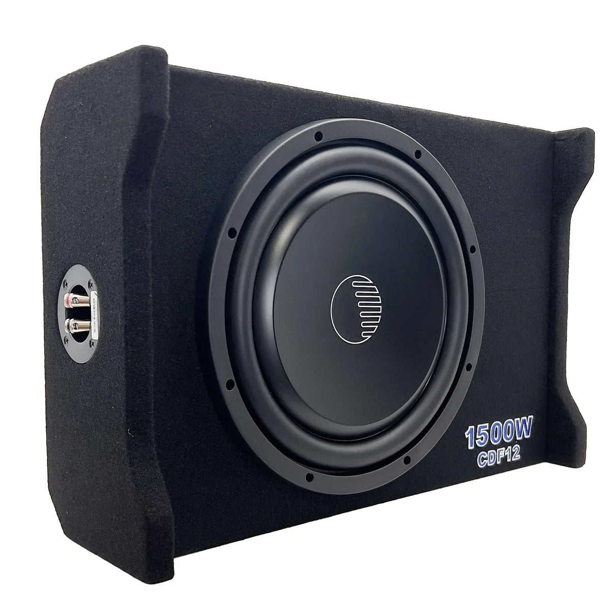 Black 12-inch passive down-firing subwoofer enclosure with side ports, woofer, Orion