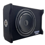 Black 12-inch passive down-firing subwoofer enclosure with side ports, woofer, Orion
