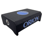 Black 12-inch passive down-firing subwoofer enclosure with Orion graphic on top