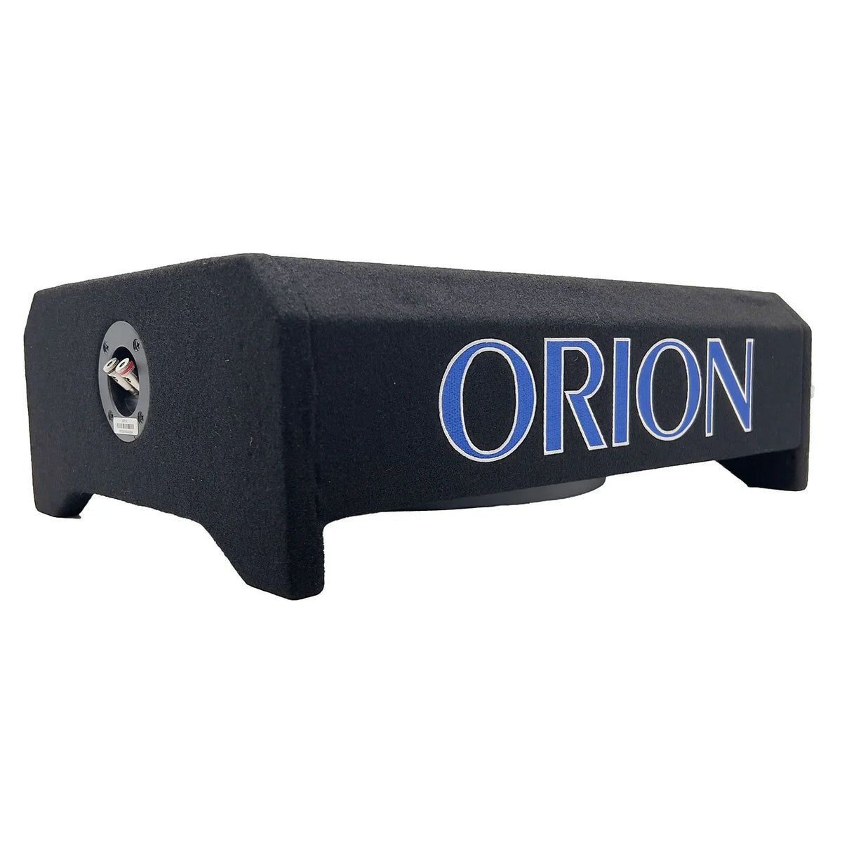 Black 12-inch passive down-firing subwoofer enclosure with Orion logo on side