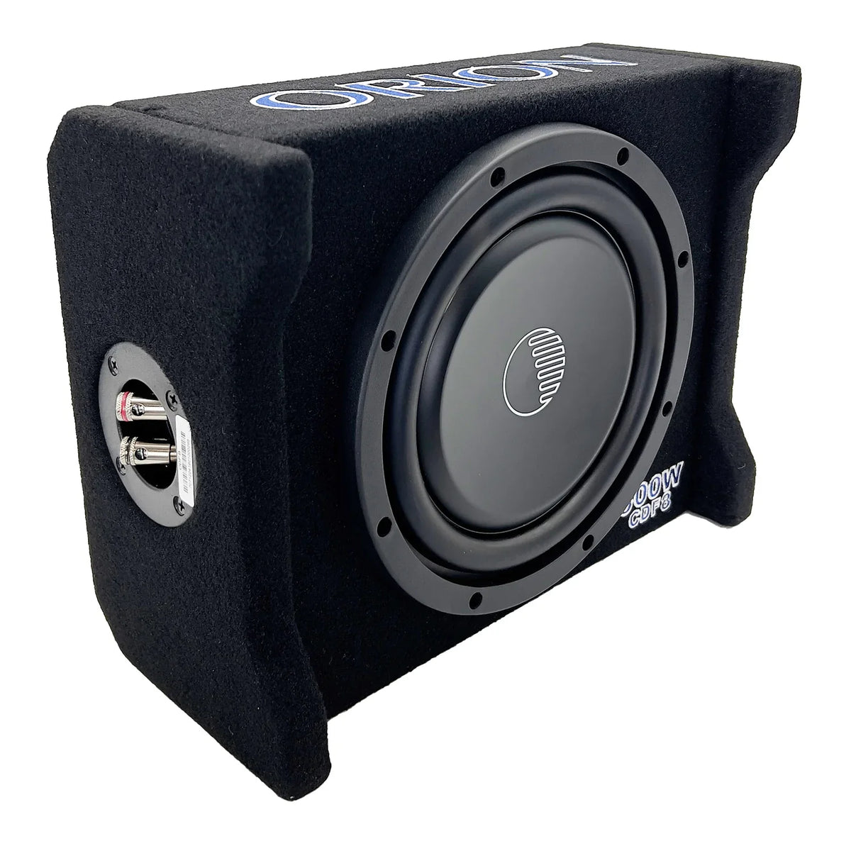 Orion 8-inch passive down-firing subwoofer enclosure, black fabric, front woofer
