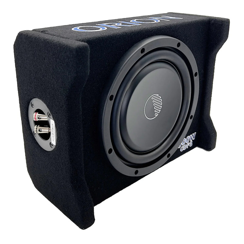 Orion 8-inch passive down-firing subwoofer enclosure, black fabric, front woofer