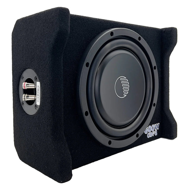 Orion 8-inch passive down-firing subwoofer enclosure, angled view, front woofer