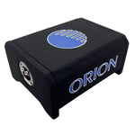 Orion 8-inch passive down-firing subwoofer enclosure, top panel with Orion logo