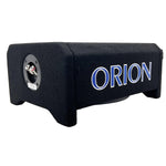 Orion 8-inch passive down-firing subwoofer enclosure, side panel with terminals