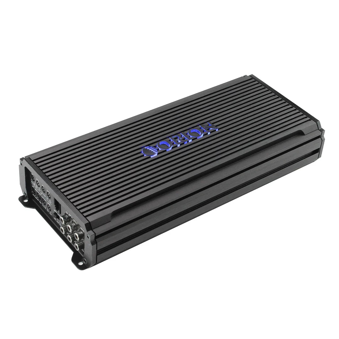 Black 5-channel Class D car amplifier with ribbed heat sink and Orion logo