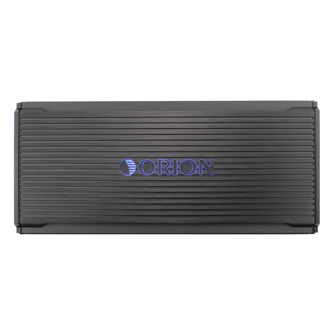 Black car amplifier with ribbed cover and glowing blue Orion logo