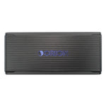Black car amplifier with ribbed cover and glowing blue Orion logo