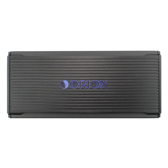 Black car amplifier with ribbed cover and glowing blue Orion logo