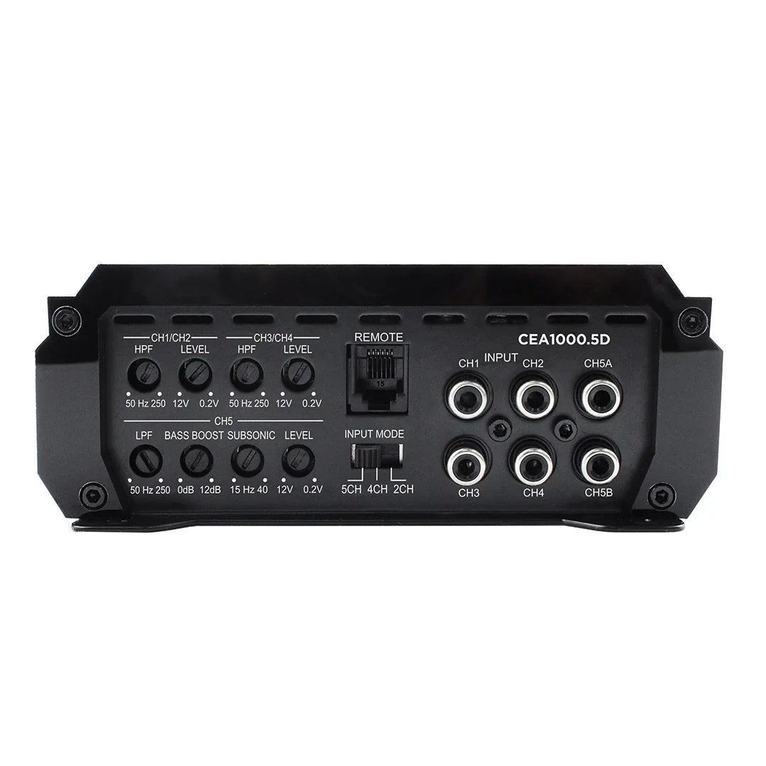 Black amplifier rear panel with multiple RCA inputs and channel control labels