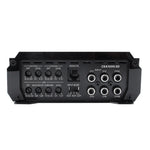Black amplifier rear panel with multiple RCA inputs and channel control labels