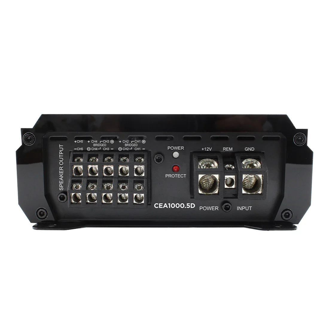 Black amplifier rear panel with speaker terminals and RCA input/output sections