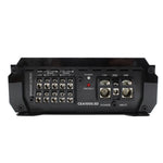 Black amplifier rear panel with speaker terminals and RCA input/output sections