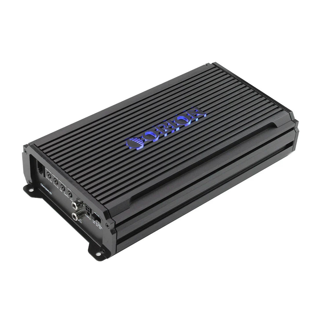 Black monoblock amplifier with ORION logo and vented side grille.