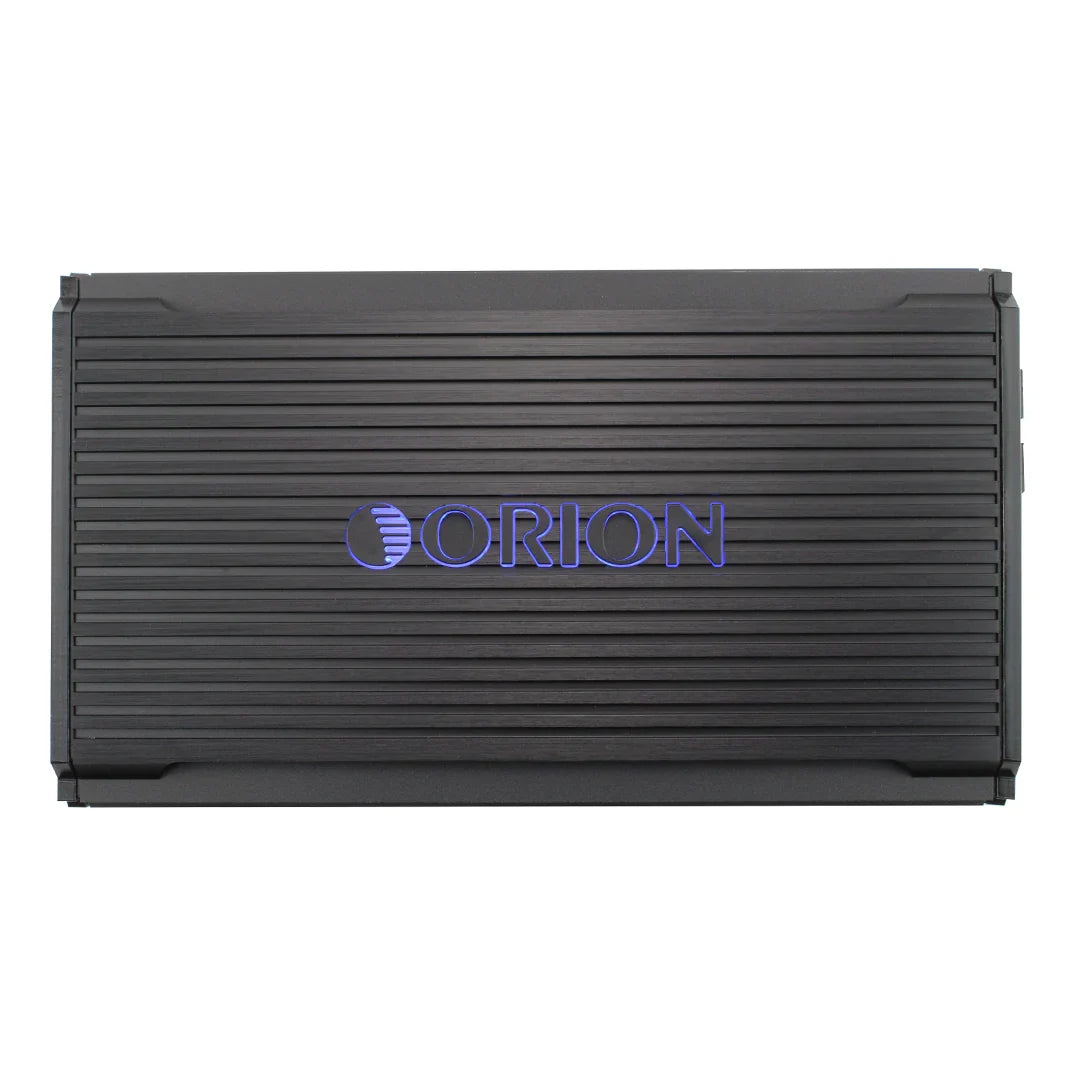 Black monoblock car amplifier with ORION logo on ribbed metal grille.