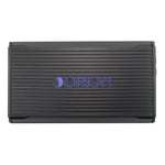 Black monoblock car amplifier with ORION logo on ribbed metal grille.