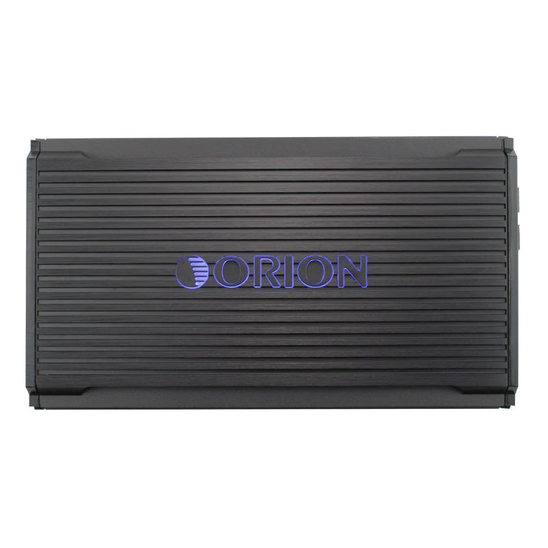 Black monoblock car amplifier with ORION logo on ribbed metal grille.