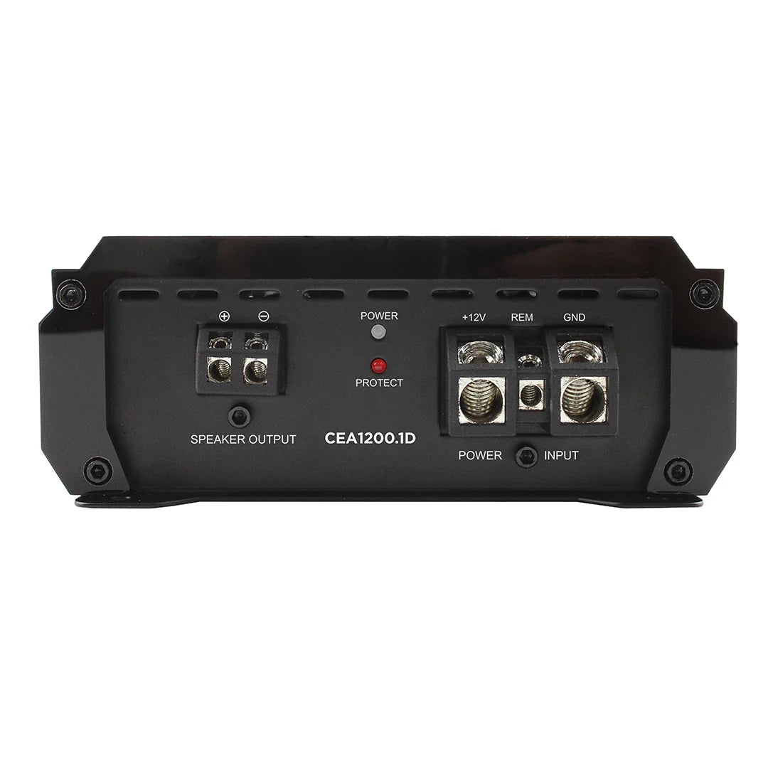 Black monoblock amplifier rear panel with speaker output and power and input terminals.