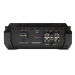 Black monoblock amplifier rear panel with speaker output and power and input terminals.