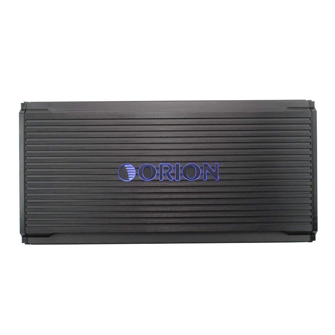 Black class D monoblock amplifier with blue ORION logo on ribbed faceplate
