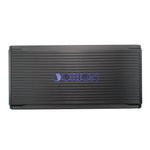 Black class D monoblock amplifier with blue ORION logo on ribbed faceplate