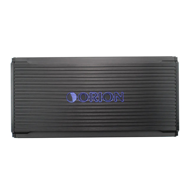 Black class D monoblock amplifier with blue ORION logo on ribbed faceplate