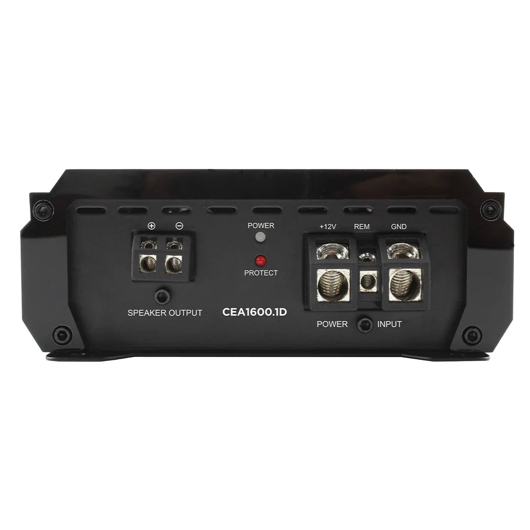 Rear view black class D monoblock amplifier with speaker output and power input terminals