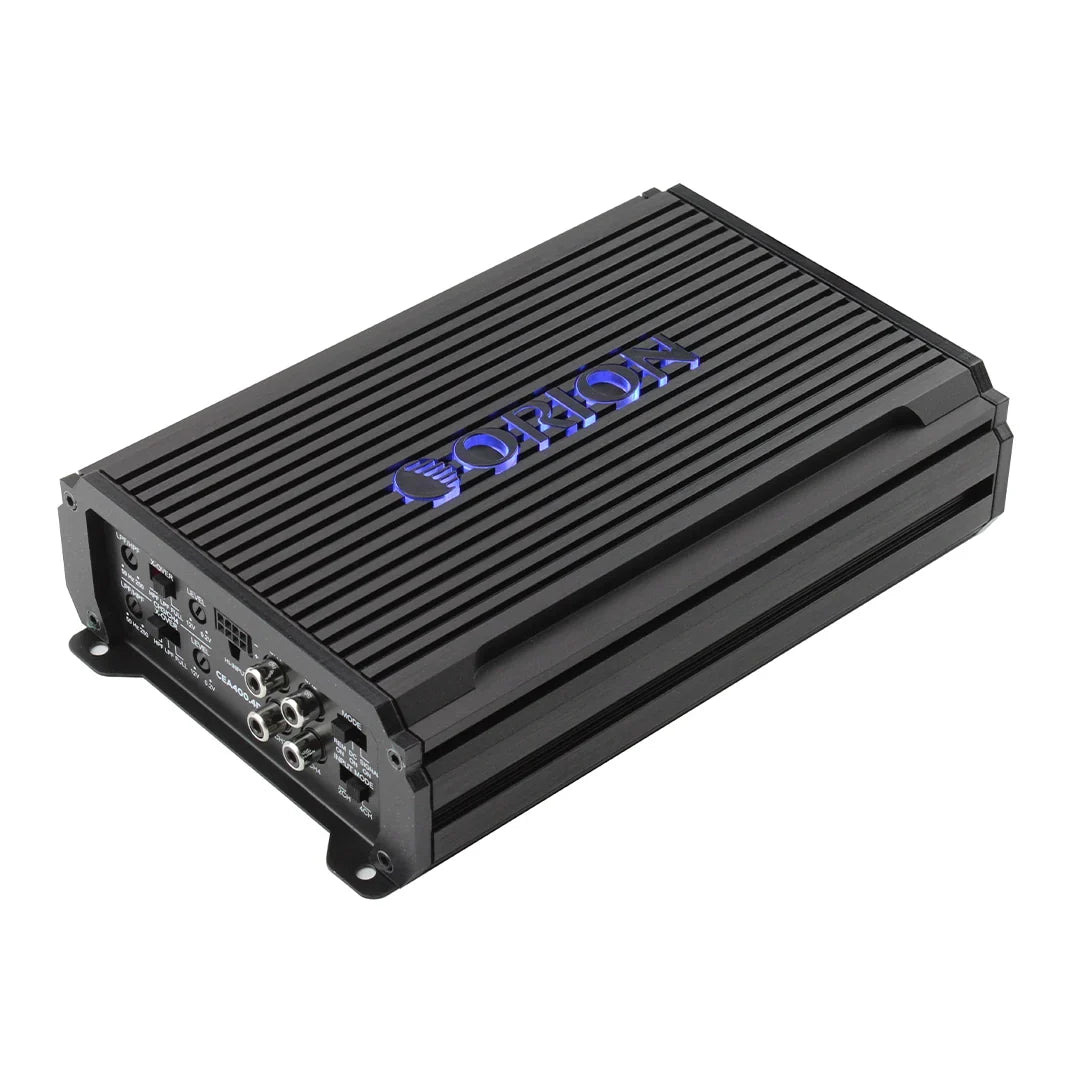 4-channel Class D amplifier, black ribbed top and slanted front panel