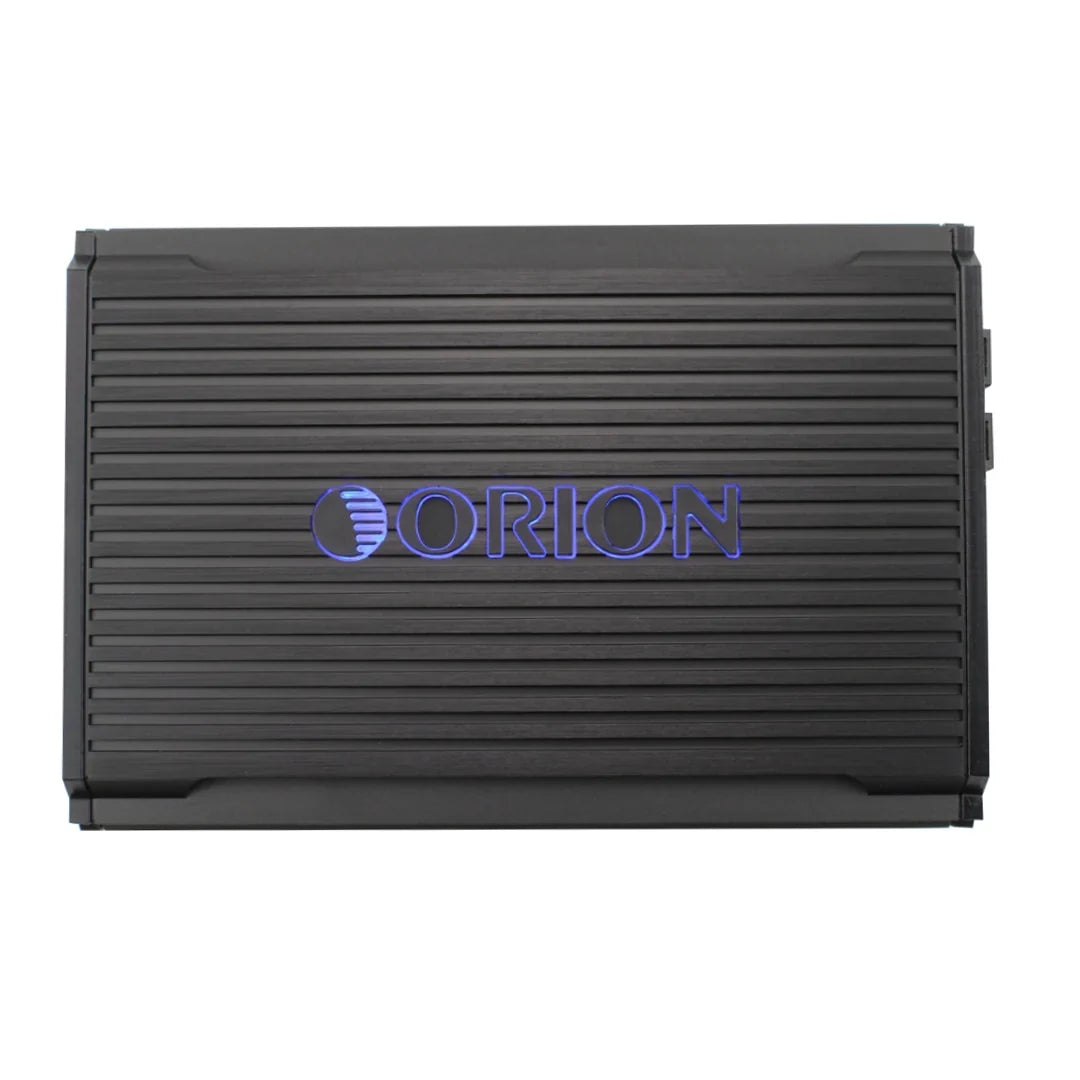 Orion 4-channel Class D amplifier with ORION logo, black ribbed housing