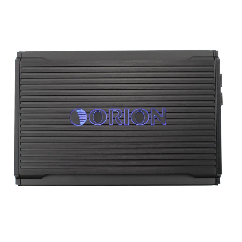 Orion 4-channel Class D amplifier with ORION logo, black ribbed housing