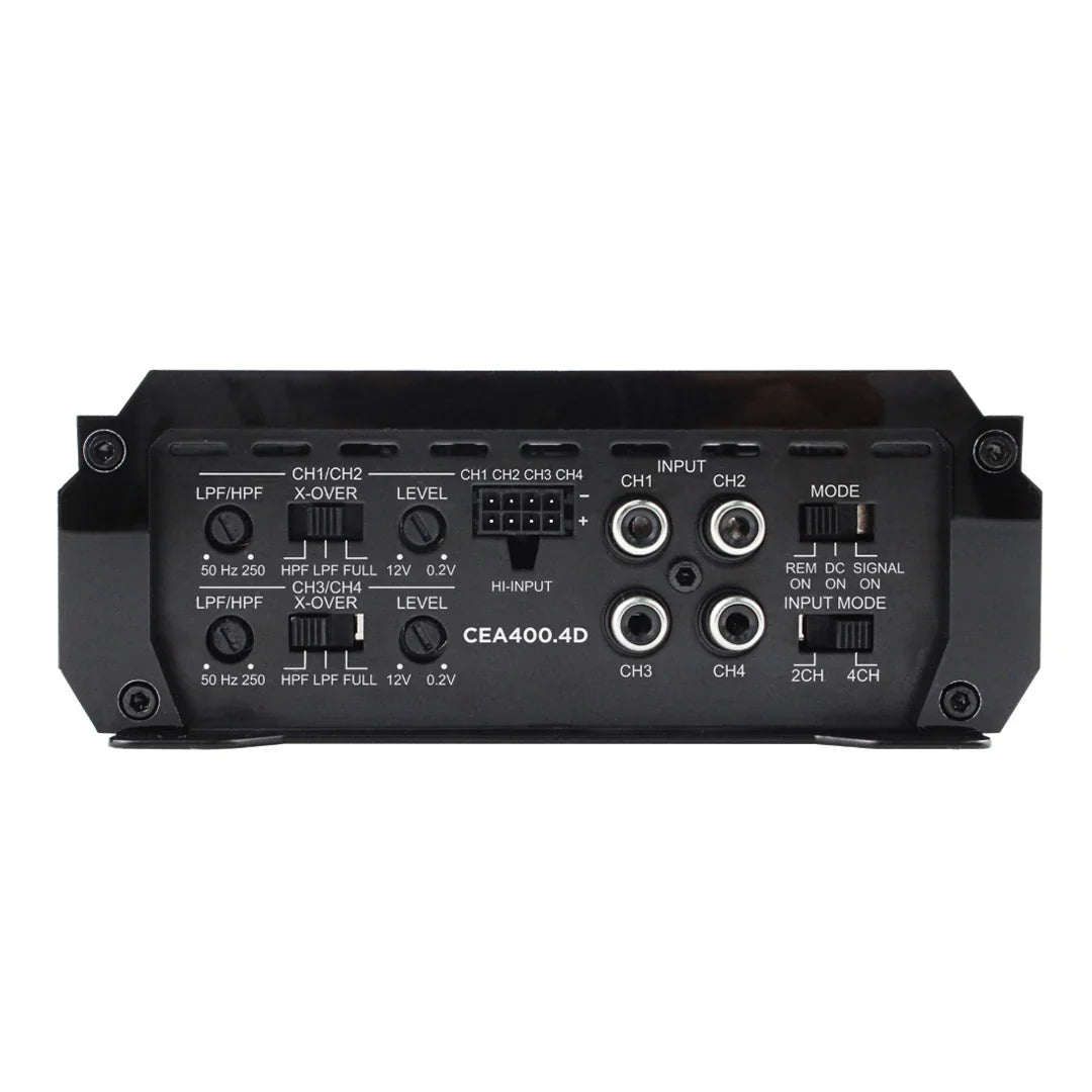 4-channel Class D amplifier rear controls with input knobs, switches, and mode settings