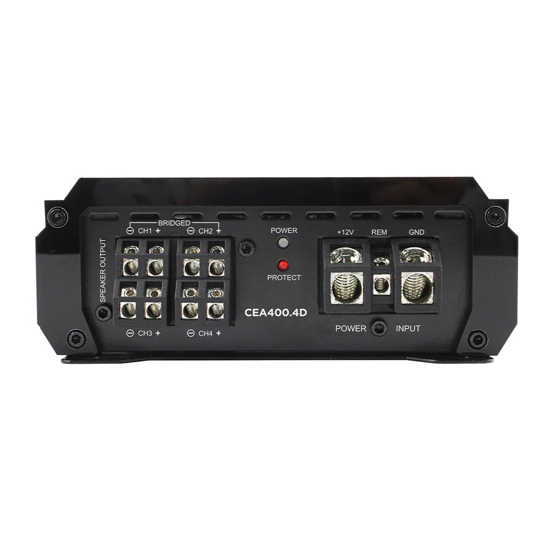 4-channel Class D amplifier rear panel with speaker terminals and power/protect LEDs