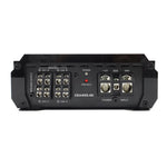 4-channel Class D amplifier rear panel with speaker terminals and power/protect LEDs