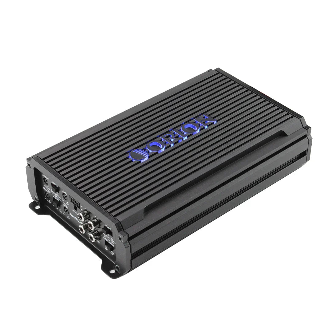 Orion 4-channel class D amplifier, ridged black housing with side connection area