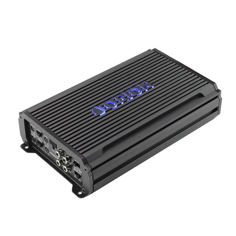 Orion 4-channel class D amplifier, ridged black housing with side connection area