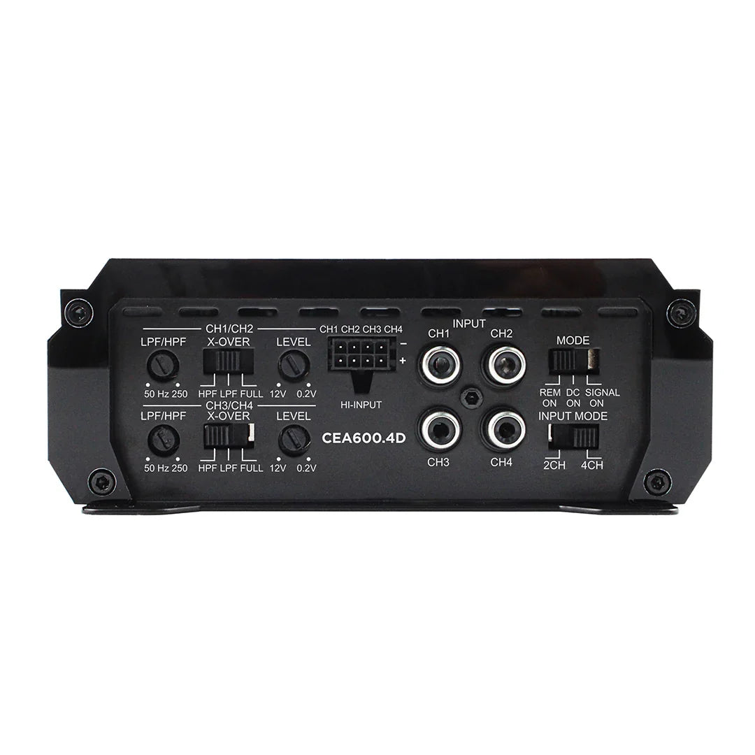 Orion CEA600.4D 4-channel class D amplifier control panel with knobs and input jacks