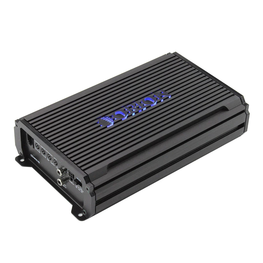Black Orion monoblock amplifier with blue ORION logo and ribbed heat sink