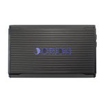Black Orion monoblock amplifier with front ribbed panel and blue ORION logo