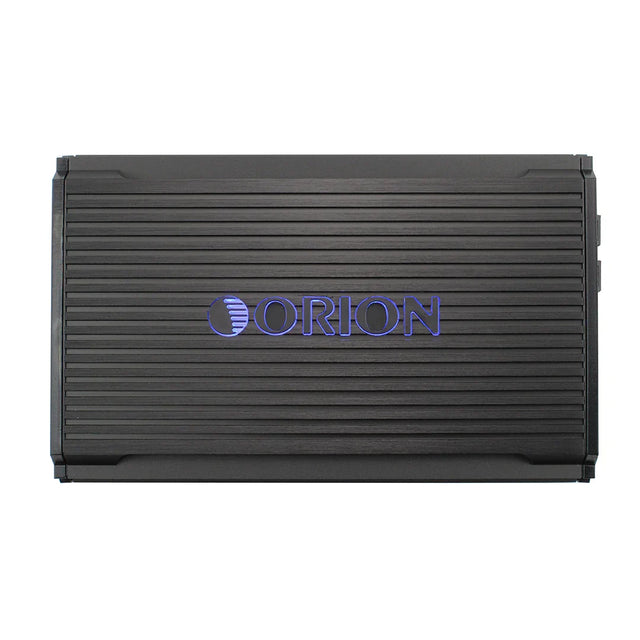 Black Orion monoblock amplifier with front ribbed panel and blue ORION logo