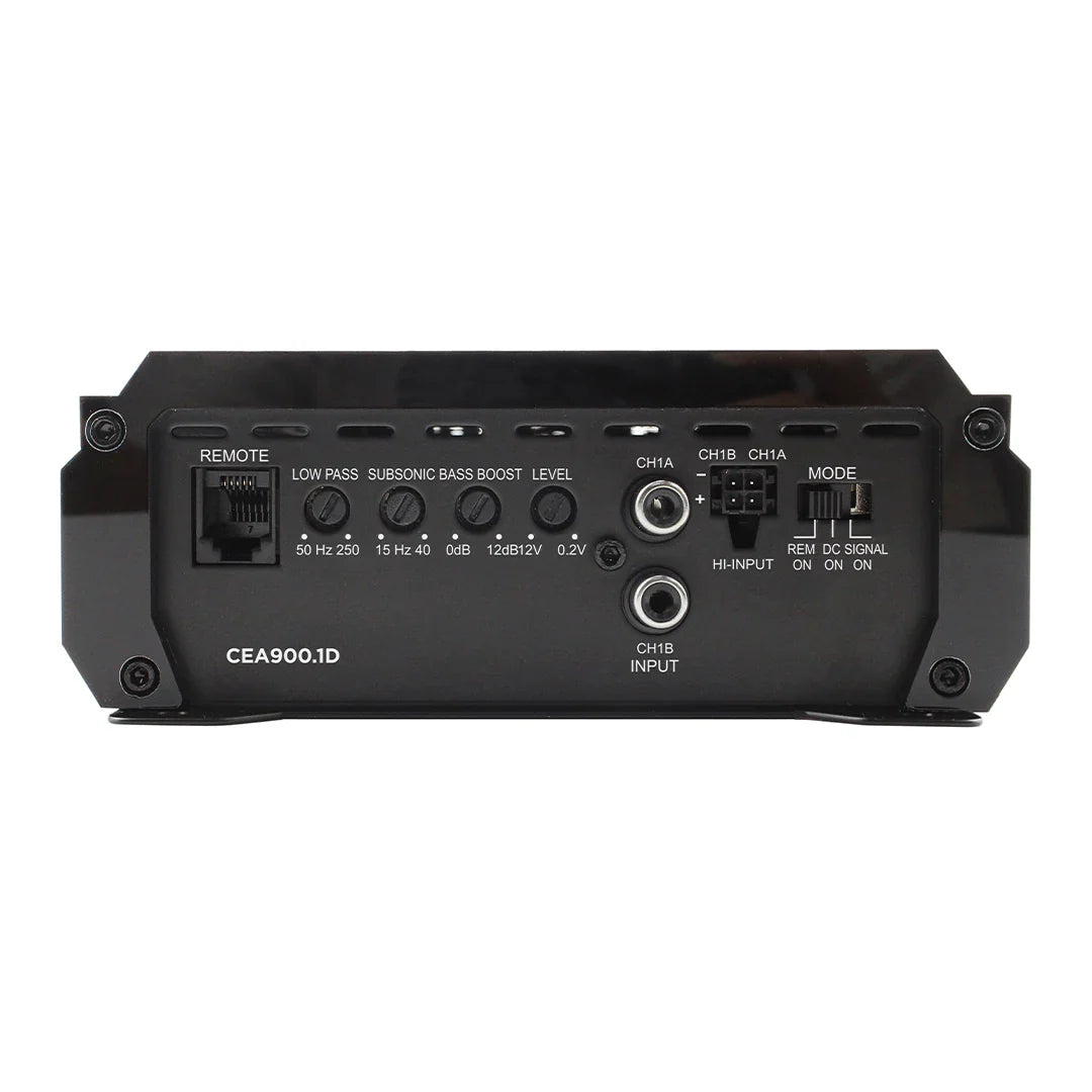 Black monoblock amplifier rear controls with remote, low-pass/boost, and hi-input ports