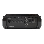 Black monoblock amplifier rear controls with remote, low-pass/boost, and hi-input ports