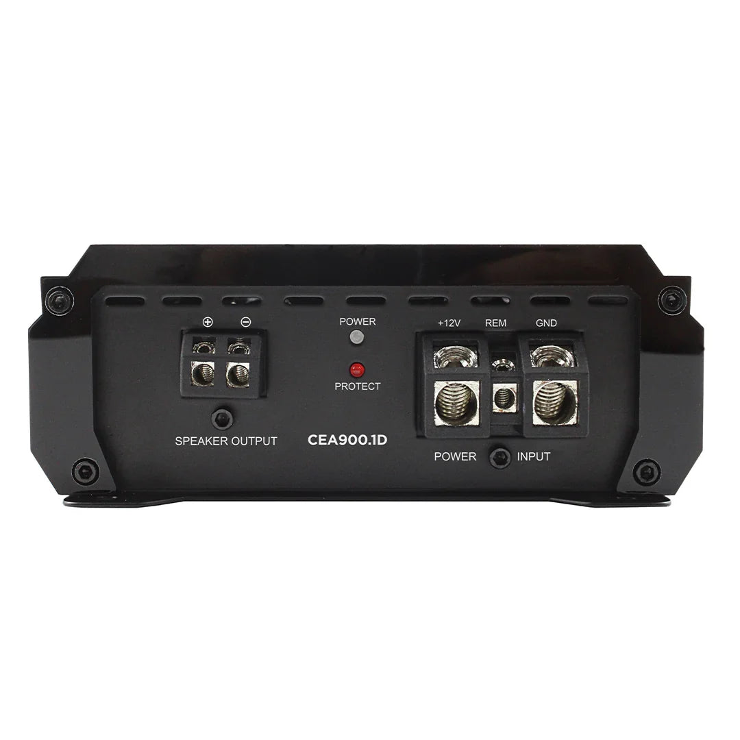 Black monoblock amplifier rear panel with speaker output, power, input, and CEA900.1D