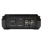Black monoblock amplifier rear panel with speaker output, power, input, and CEA900.1D