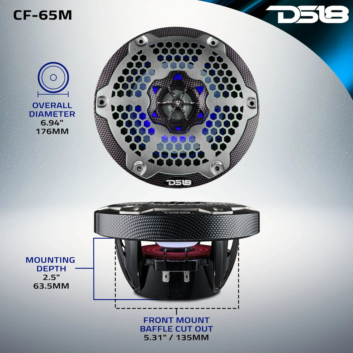 DS18 CF-65M 6.5" 2-Way 100W RMS LED RGB Coaxial Marine Speakers (Pair)