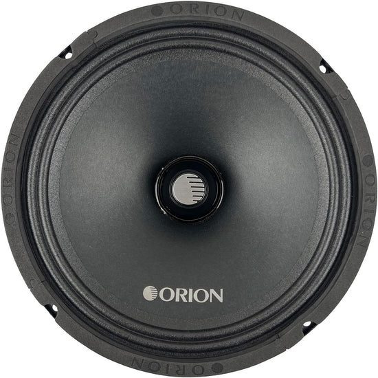 Black 10-inch midrange speaker driver with Orion logo and speaker cone