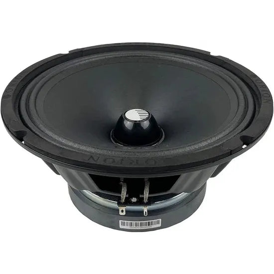 Black midrange speaker driver rear view with terminals and mounting hardware